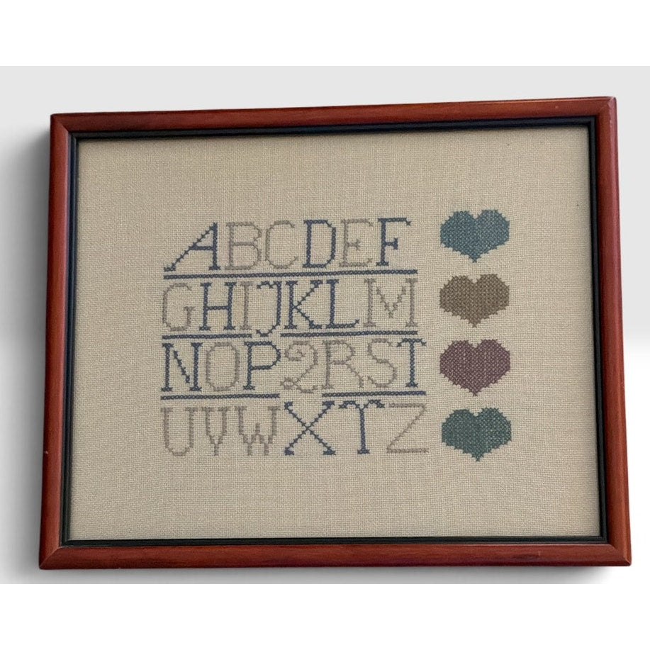 Vintage Cross Stitch Alphabet Sampler Framed Needlework Folk Art Hearts 8x10 – additional view 2