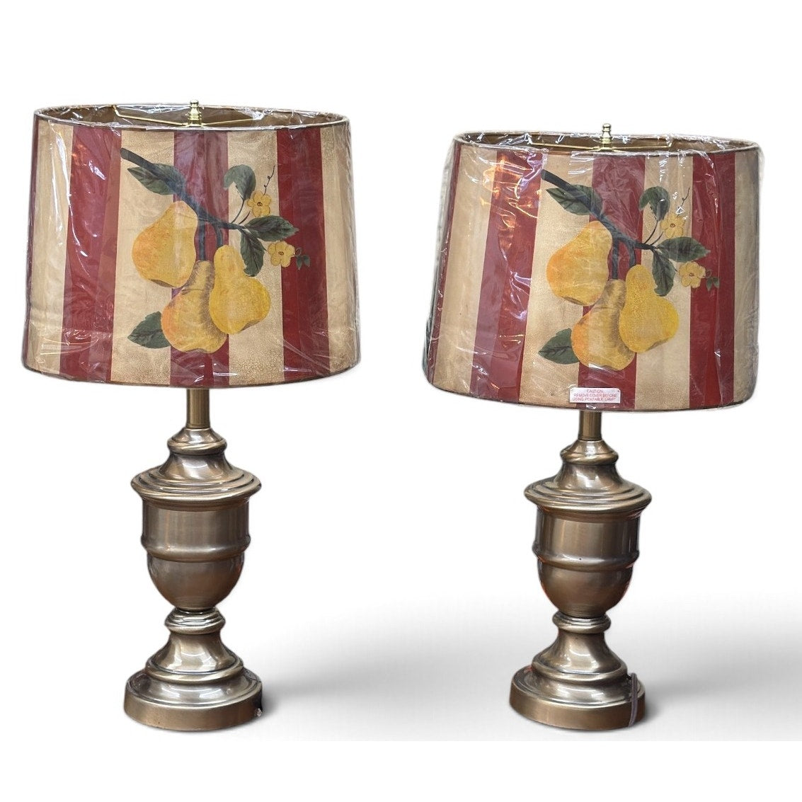 Pair Vintage Brass Tone Urn Table Lamps Pear Shades 25.5 Inch