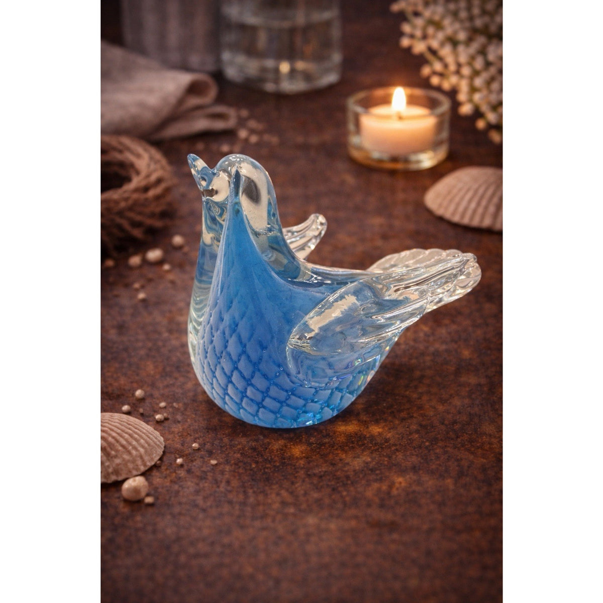 Hand Blown Blue Art Glass Bird Paperweight Figurine 7” Dia Coastal Decor