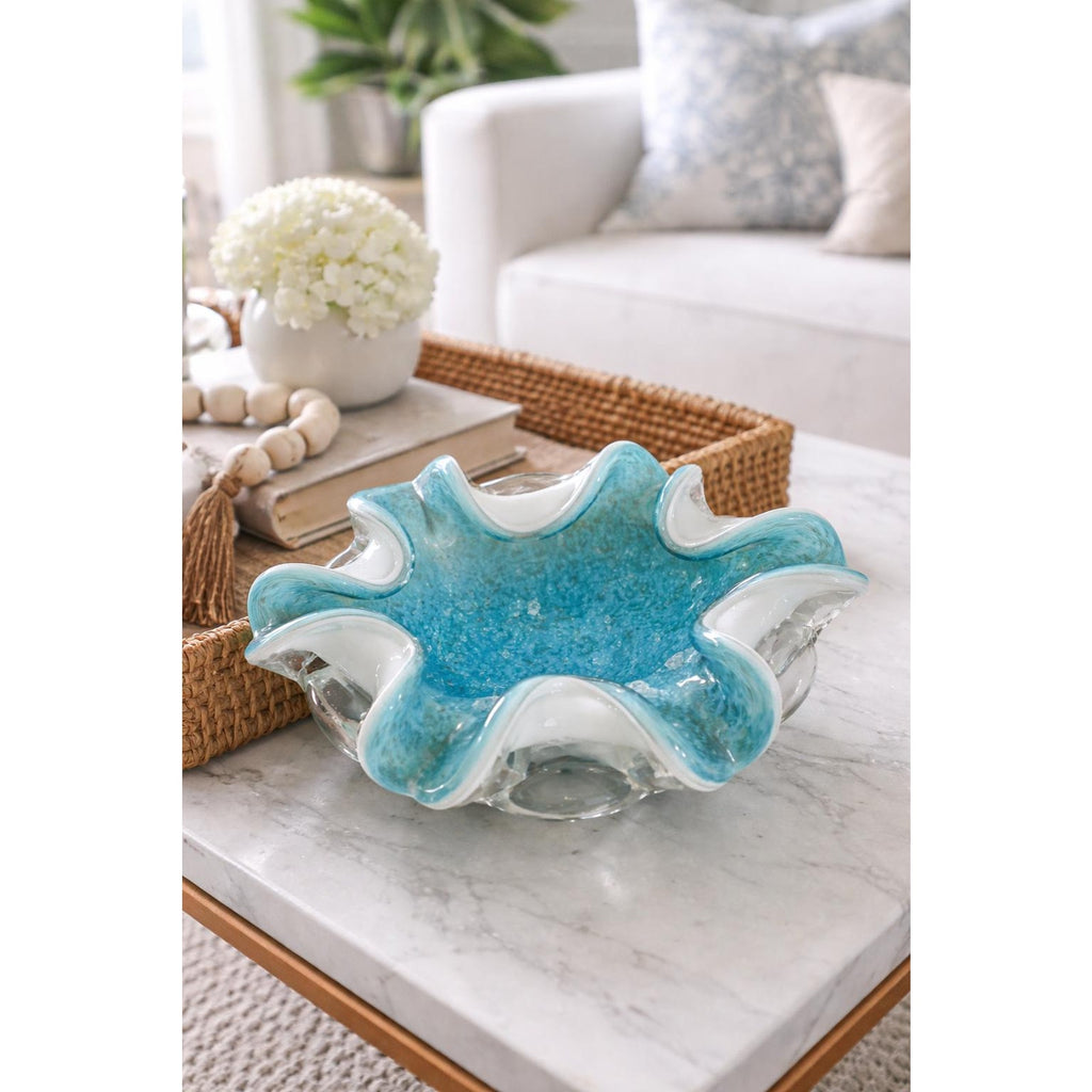 Vintage Hand Blown Art Glass Ruffled Bowl Teal White Freeform Centerpiece