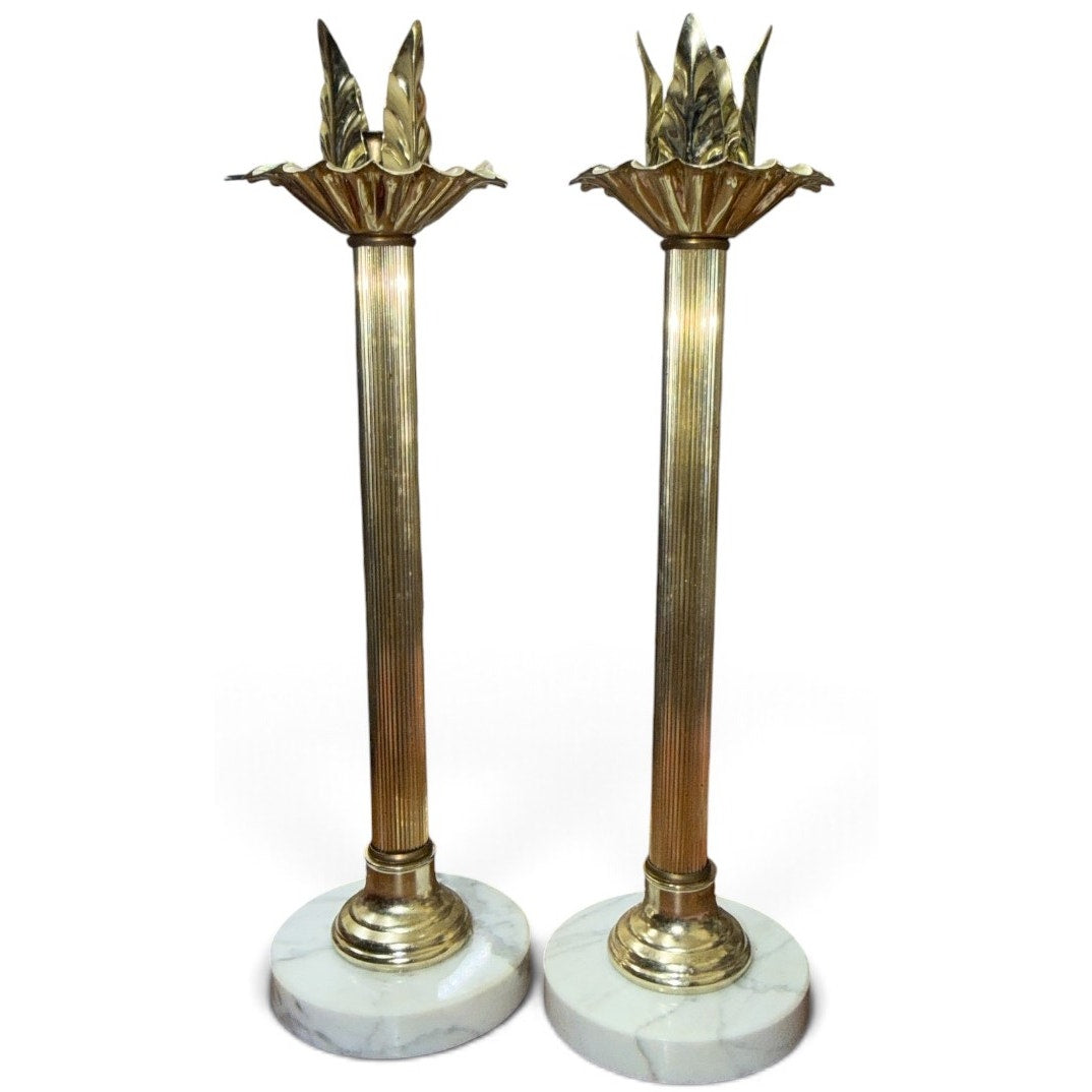 Vintage CAI CO Italian Brass Marble Candlesticks Pair 14 Inch
