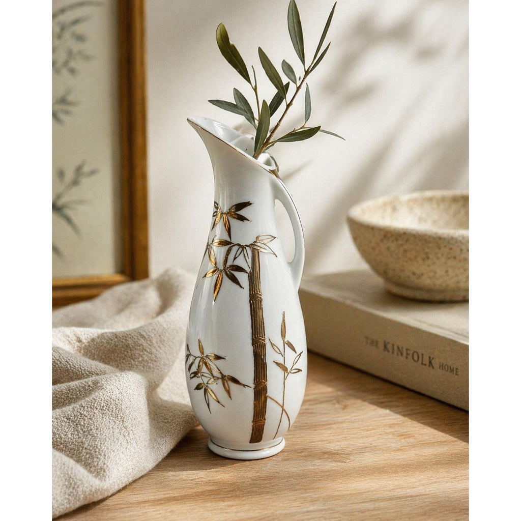 Mid Century Japanese Porcelain Vase: Gold Bamboo Ewer Style Bud Vase