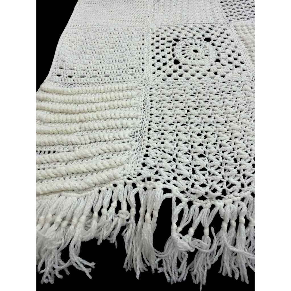 Handmade Crochet Sampler Afghan Winter White Textured Fringe 45 x 64 – additional view 7