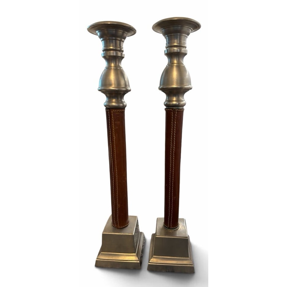 Vintage Leather & Pewter Candlesticks – 14” Tall – Pair of Luxury Taper Candle Holders