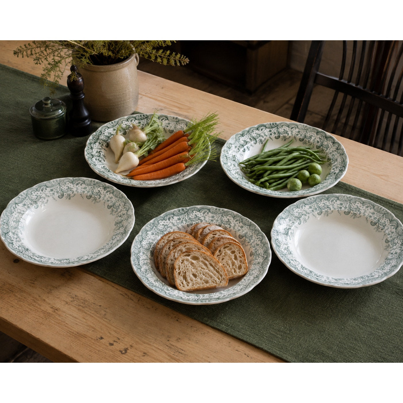 Antique John Maddock Seville Green Transferware Rim Soup Bowls Set of 5