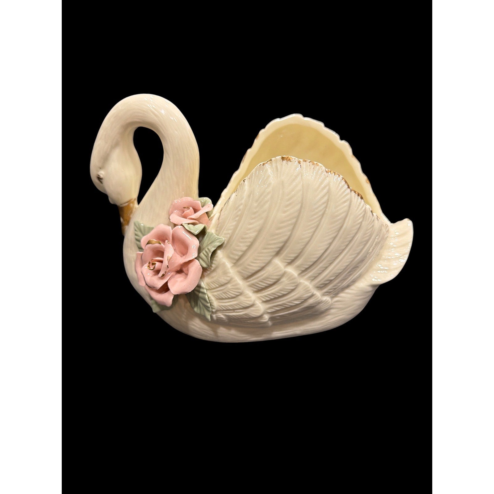Vintage Porcelain Swan Planter with Pink Roses | Cottagecore French Country