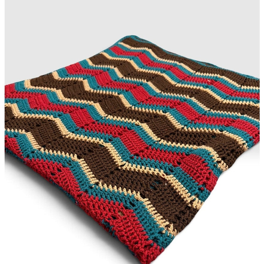 Handmade Crochet Vibrant Autumn Afghan Blanket Brown Teal Red Oversized 78 x 60 – additional view 5