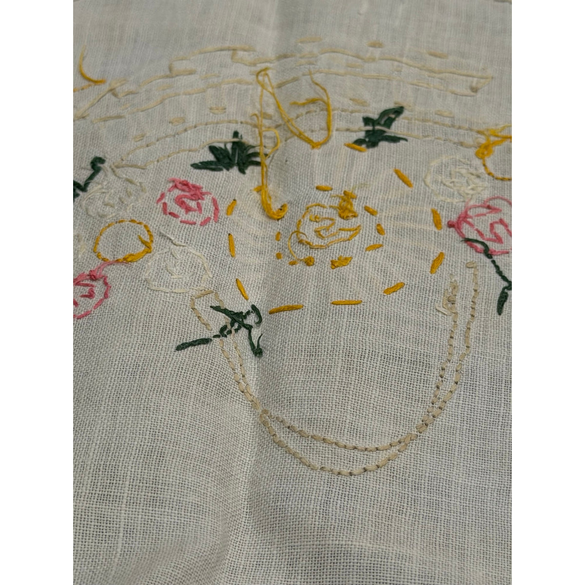 1940s Hand Embroidered Linen Centerpiece Flower Basket Butterflies Lace – additional view 3