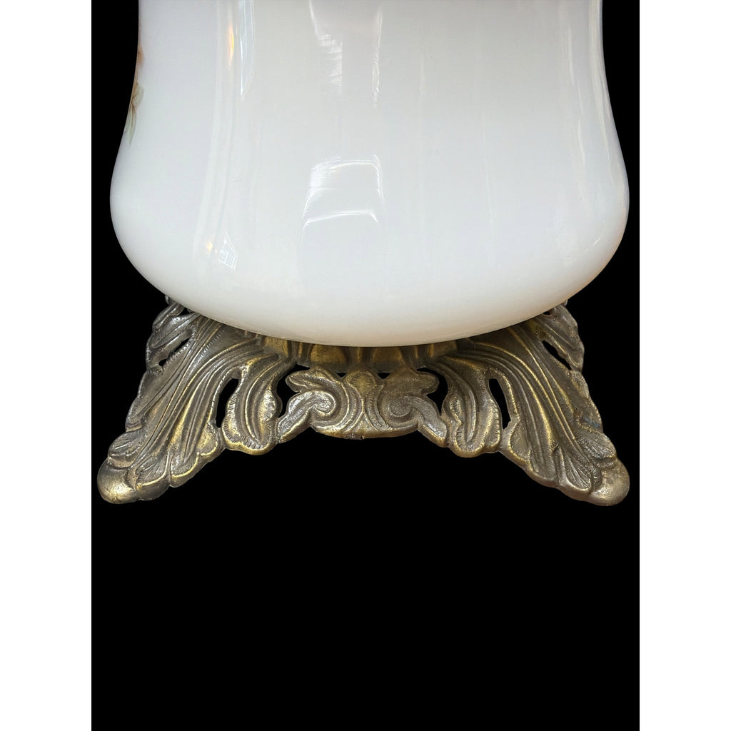 Vintage Milk Glass Hurricane Table Lamp with Floral Shade & Cast Metal Base
