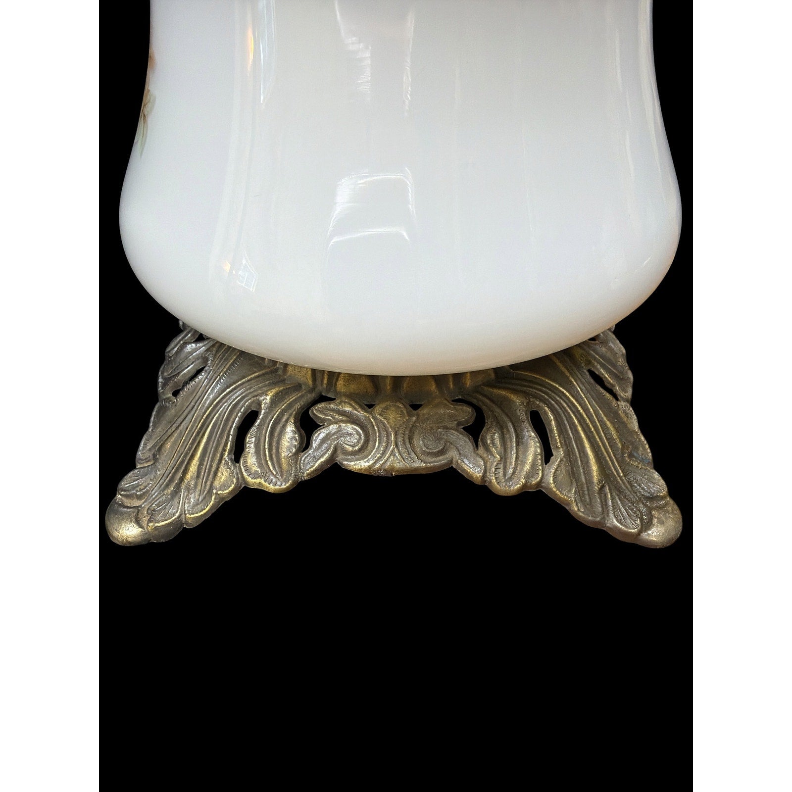 Vintage Milk Glass Hurricane Table Lamp with Floral Shade & Cast Metal Base