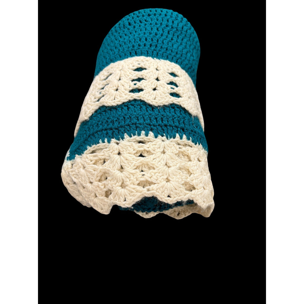 Handmade Crochet Afghan Blanket Peacock Blue Ivory Lace Trim 58 x 46