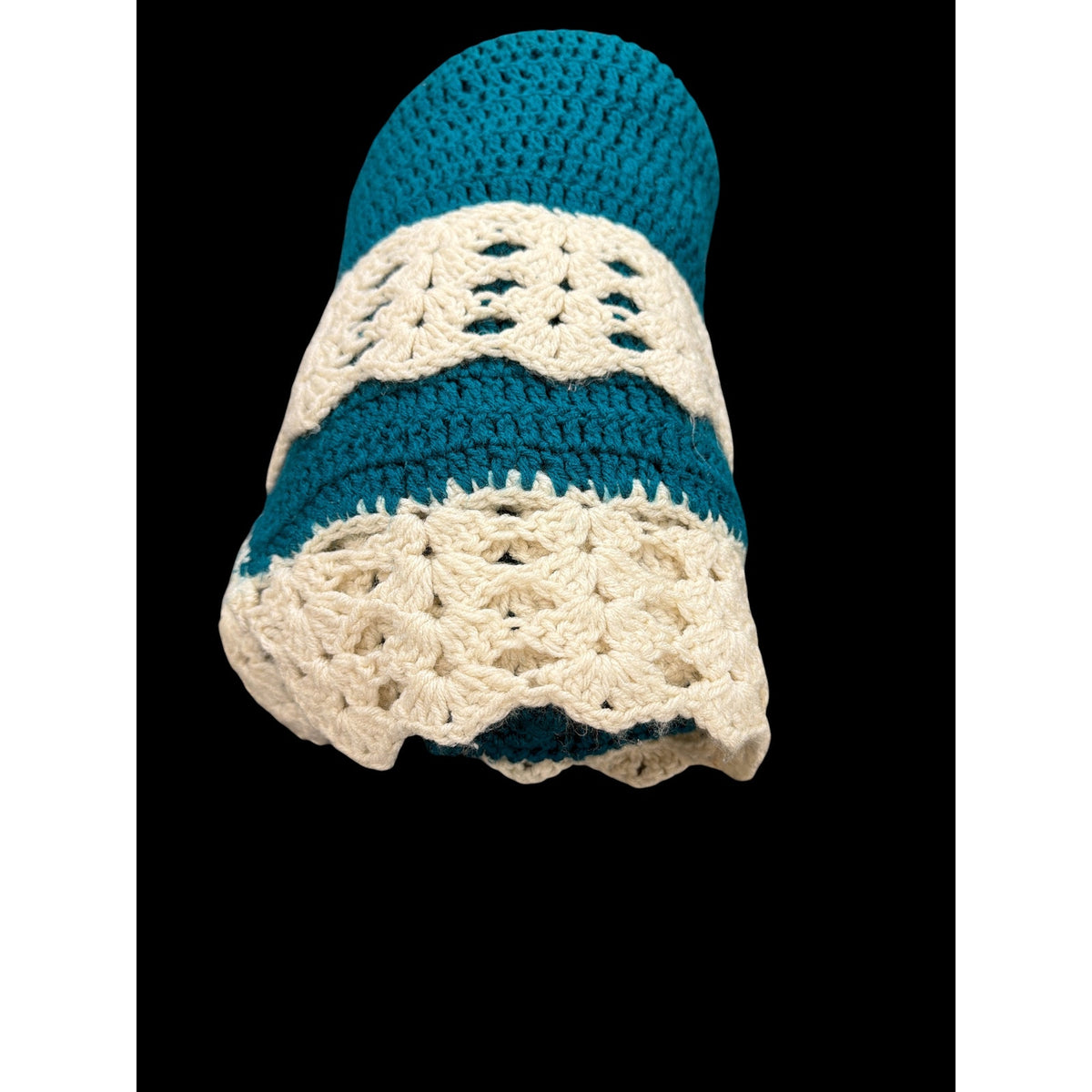 Handmade Crochet Afghan Blanket Peacock Blue Ivory Lace Trim 58 x 46