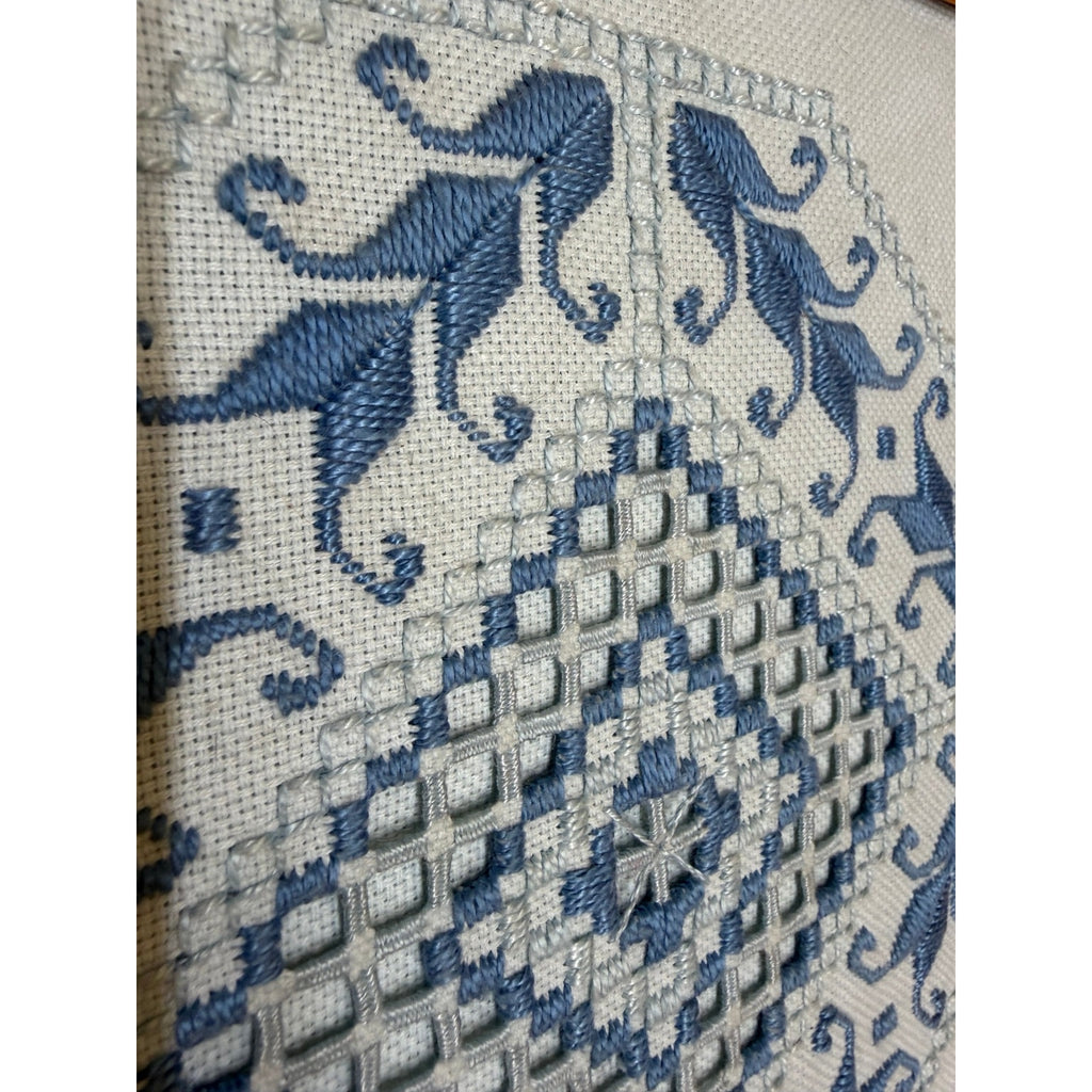 Vintage Hardanger Embroidery Blue White Needlework Oak Frame