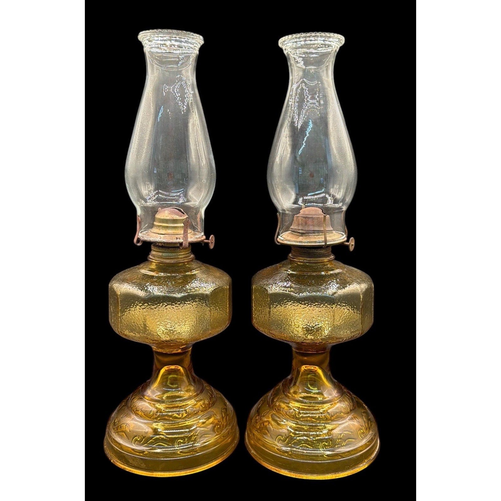 Antique Amber Glass Oil Lamps Pair | Vintage Hurricane Farmhouse Lighting