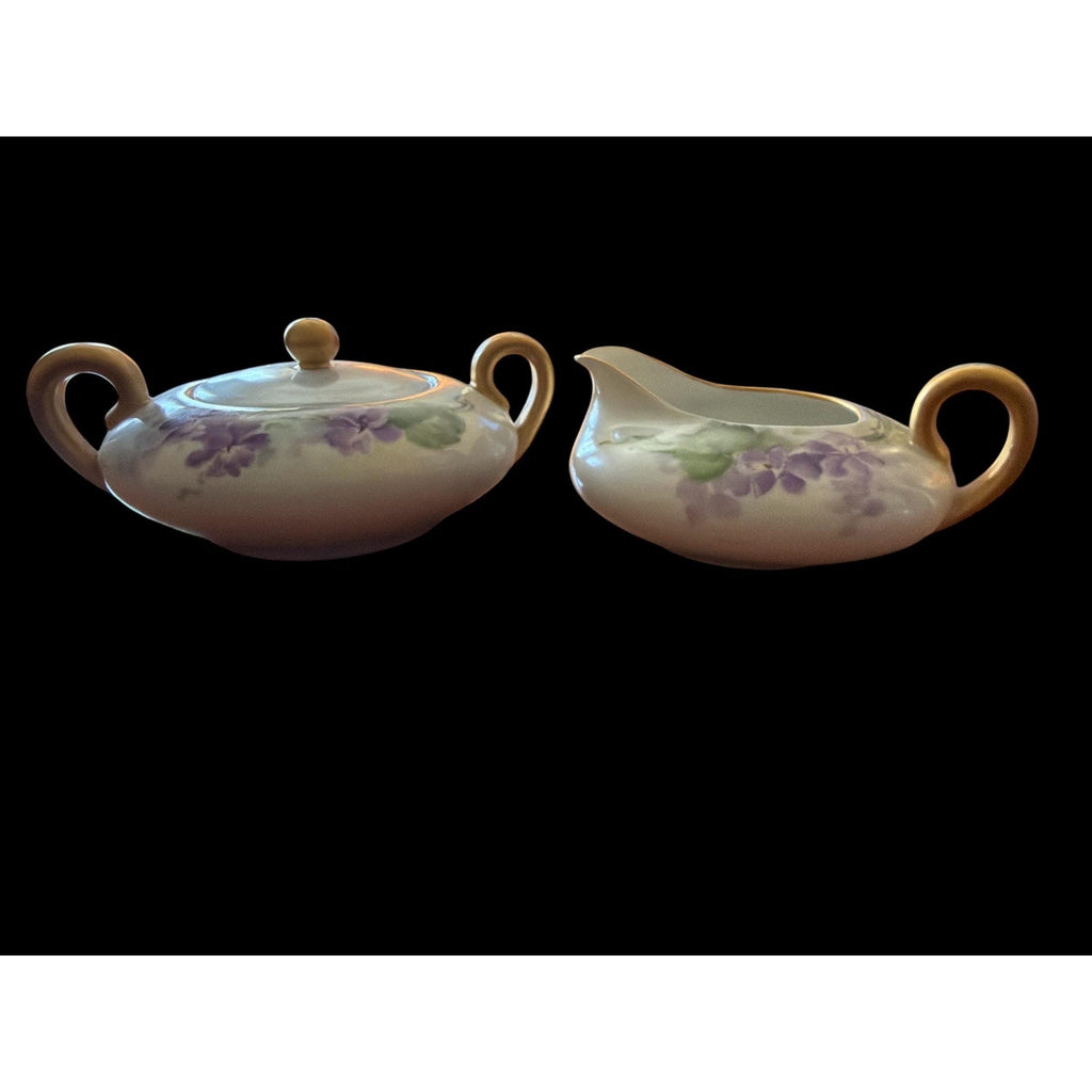 Vintage Bavaria Sugar Bowl Creamer Set: Violet Floral, Gold Handles