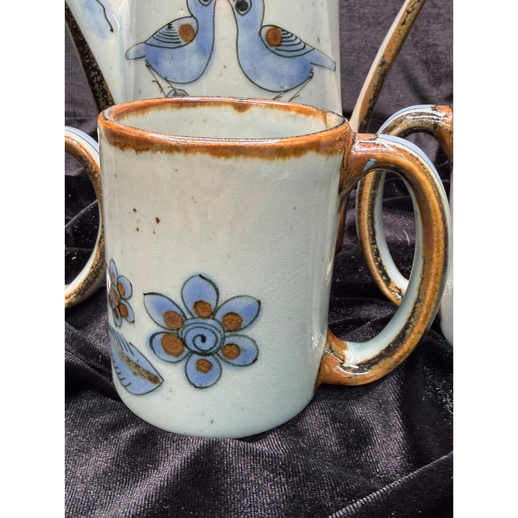 Vintage Del Palomar Mexico Coffee Pot & 3 Mug Set Blue Bird Stoneware