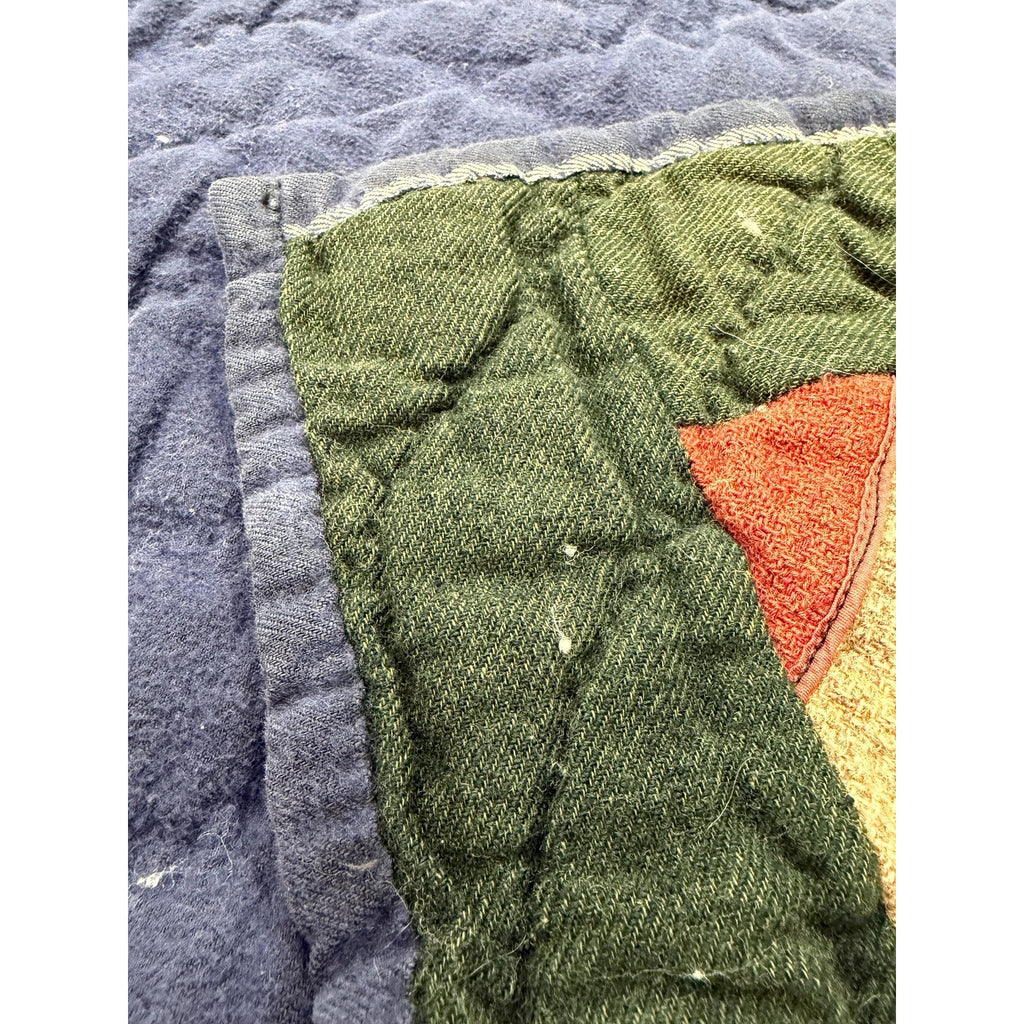 Antique Hand Pieced Wool Quilt: Primitive Folk Art Textile, Flannel Backing (77x64)
