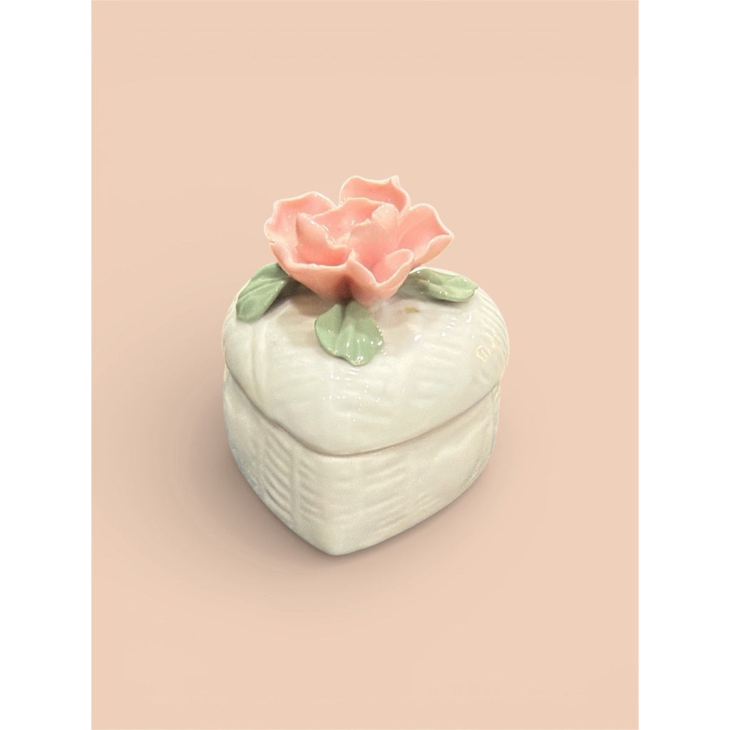 Porcelain Rose Trinket Box Heart-Shaped Bridal Keepsake & Proposal Ring Box