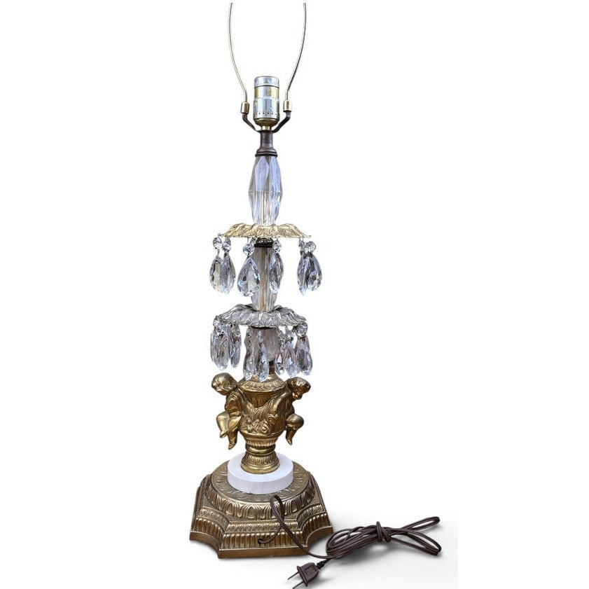 Vintage Hollywood Regency Crystal Cherub Table Lamp ACCO Gold Gilt