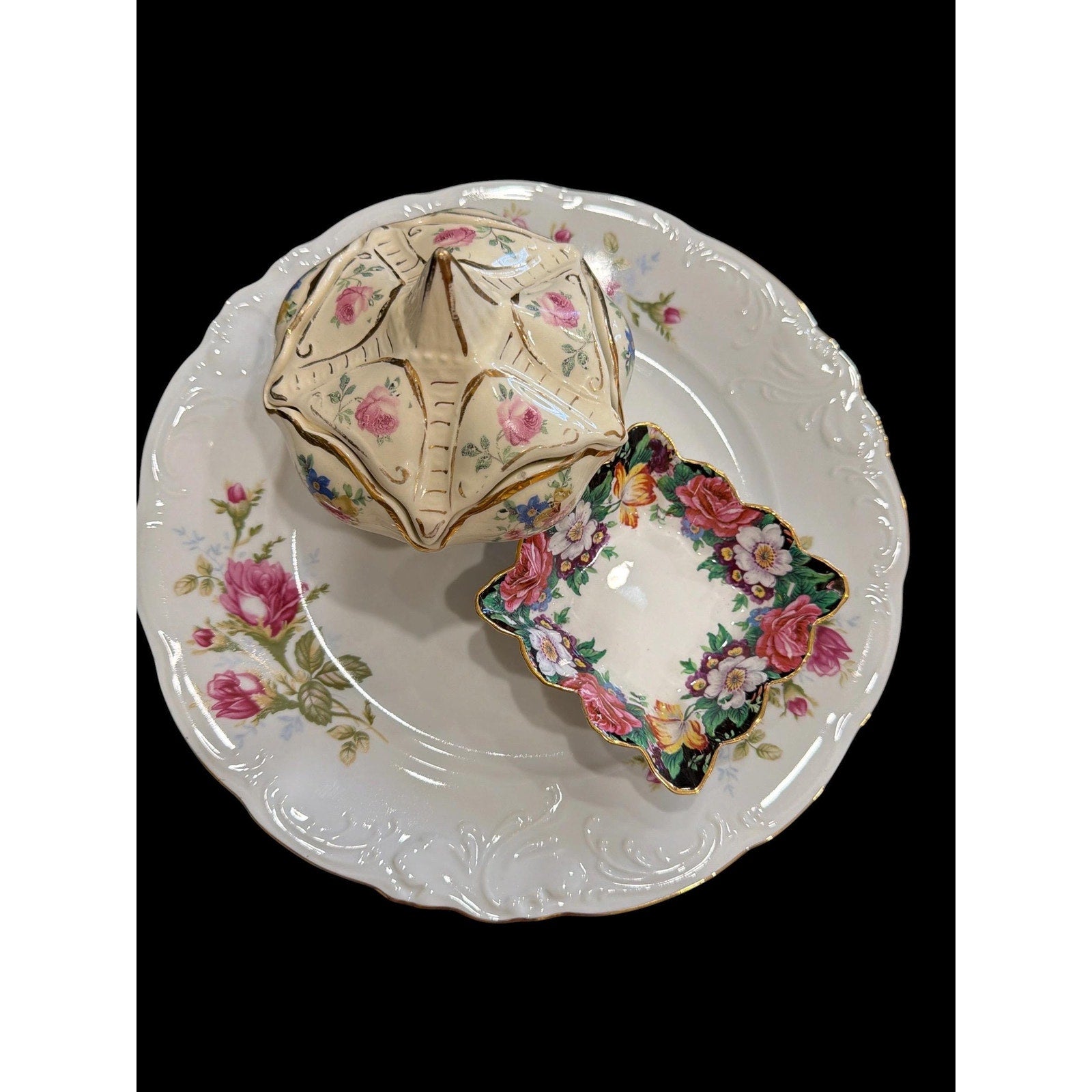 Vintage Floral Vanity Set Paragon Bone China Dish Trinket Box Plate Cottage