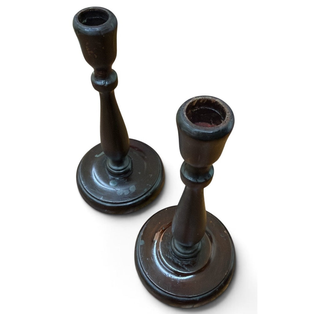 Vintage Primitive Wood Candlesticks Pair Dark Brown Timeworn 9 Inch – additional view 4