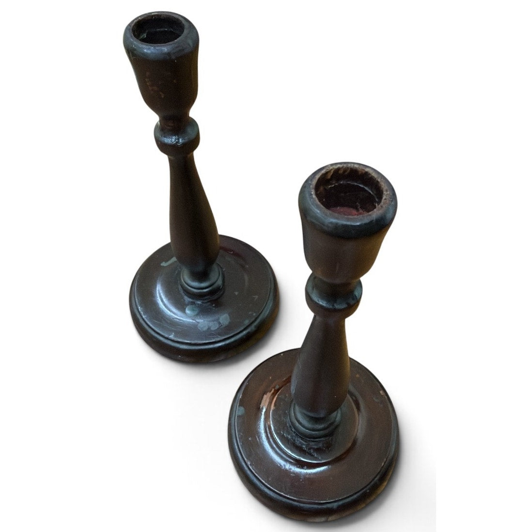 Vintage Primitive Wood Candlesticks Pair Dark Brown Timeworn 9 Inch – additional view 4