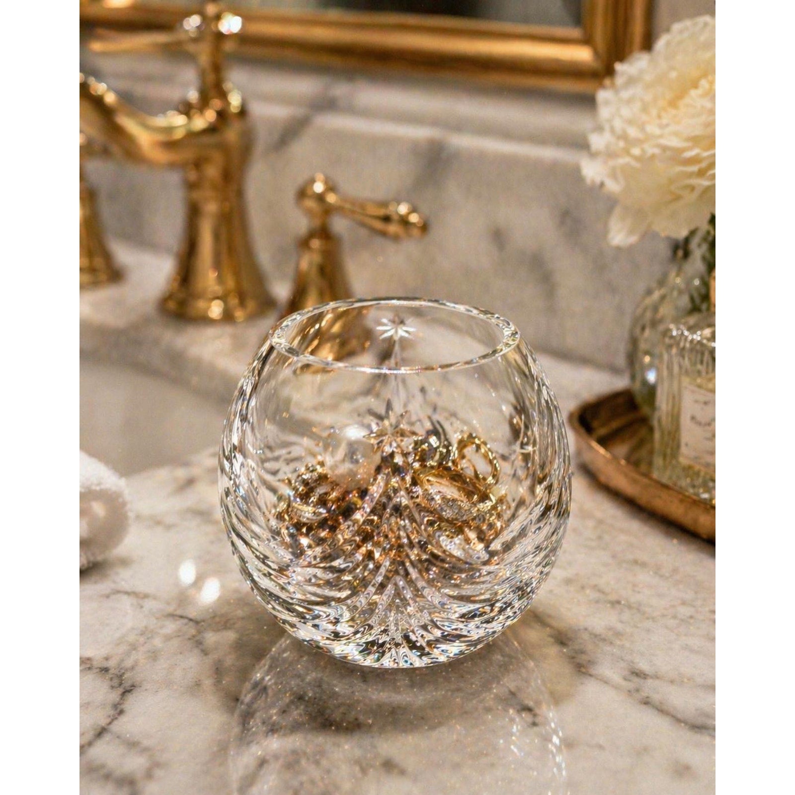 Vintage Cut Crystal Bowl Vase Small Etched Crystal Dish Vanity Decor