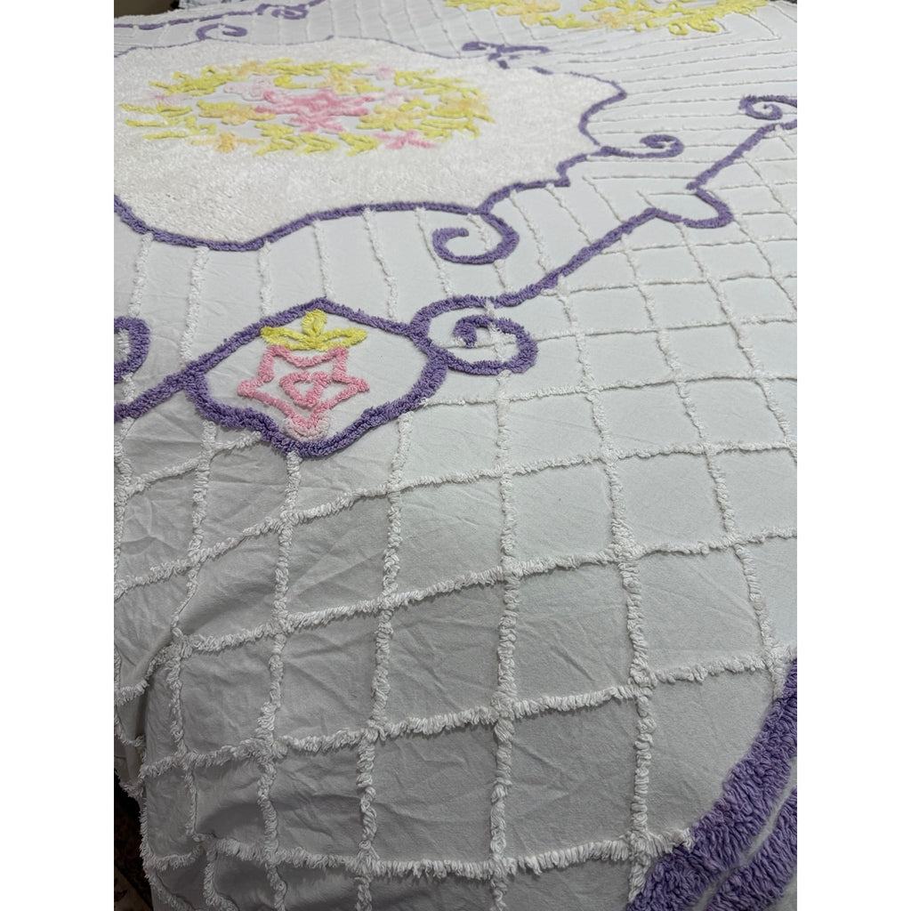 Vintage Chenille Bedspread King 108 x 122 Floral Lavender Pink Yellow – additional view 6