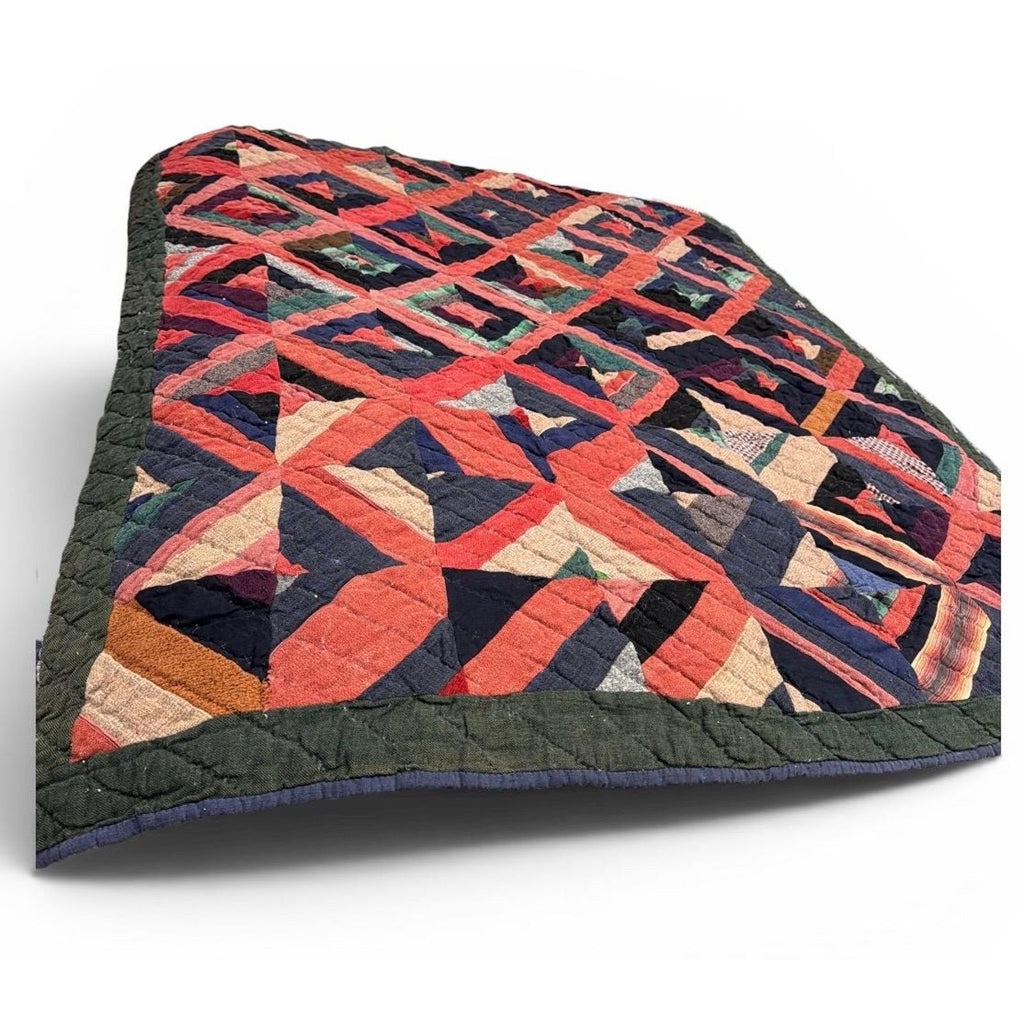 Antique Hand Pieced Wool Quilt: Primitive Folk Art Textile, Flannel Backing (77x64)