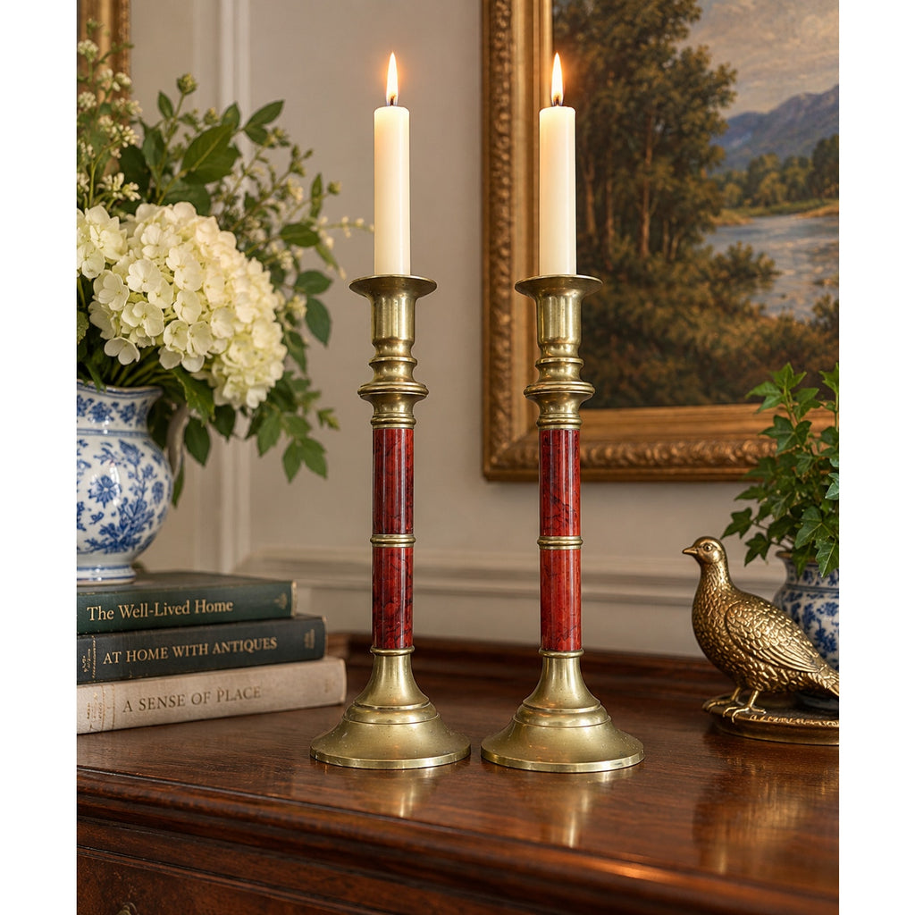 Vintage Brass Faux Marble Candlesticks Pair Red Taiwan R.O.C. 10 Inch – main view