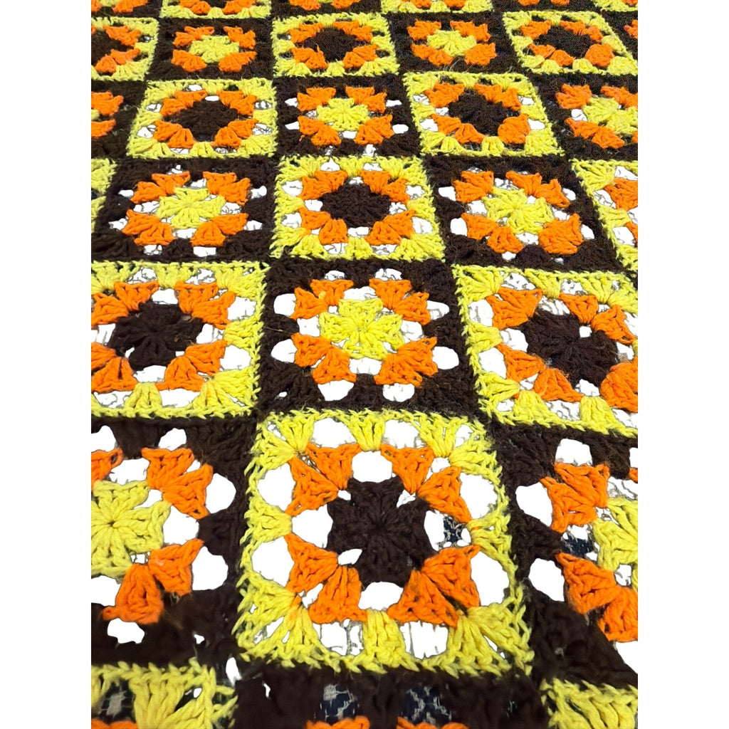 Vintage 1970s Granny Square Afghan Orange Brown Yellow Crochet 72 x 52