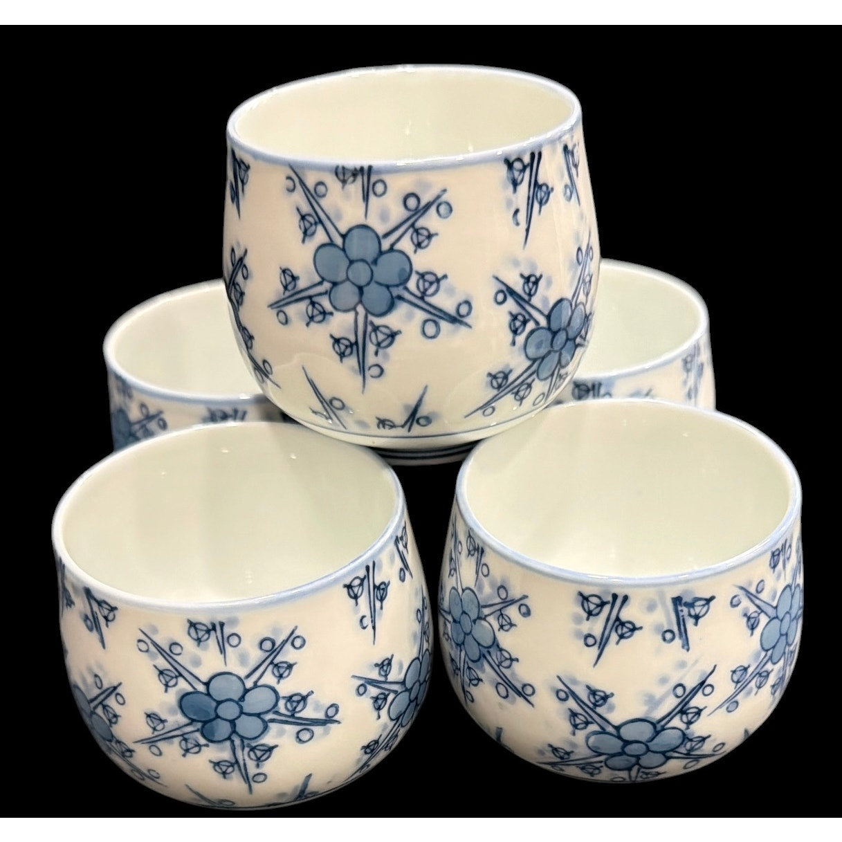 Vintage Japanese Tea Cups Set of 5 Blue White Yunomi Porcelain Tea Bowls Japandi Decor Asian Tea Ceremony Cups
