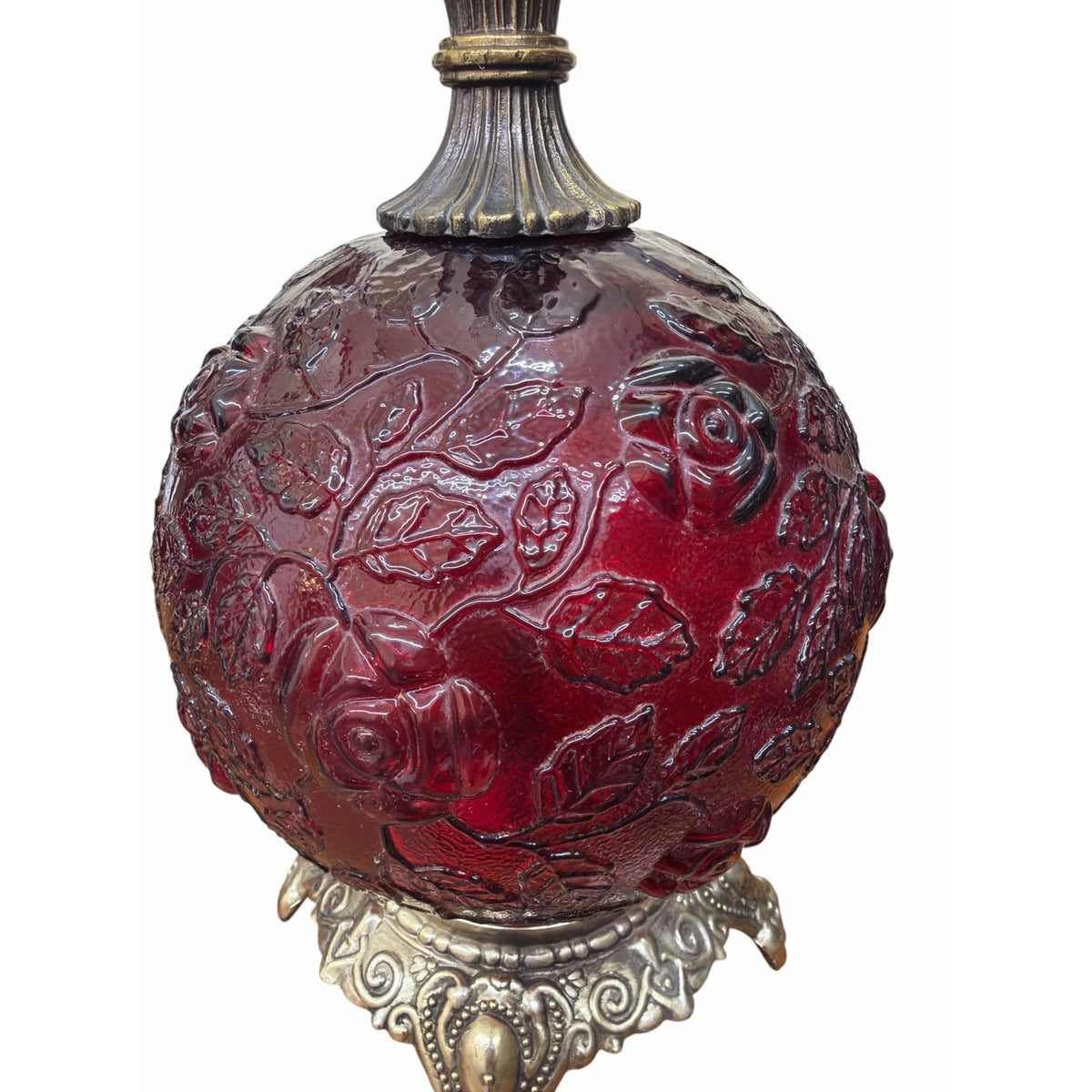 Pair Vintage Ruby Red Glass 3-Way Table Lamps Lighted Bases Roses 28" – additional view 6
