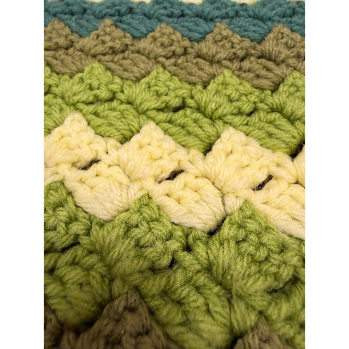 Vintage Crochet Afghan Throw Avocado Green Striped 1970s 60 x 37