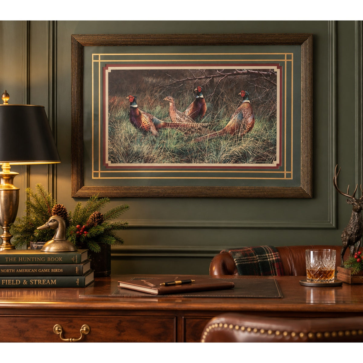 Vintage Bradshaw Ring Neck Pheasants Framed Wildlife Print 23 x 16 – main view