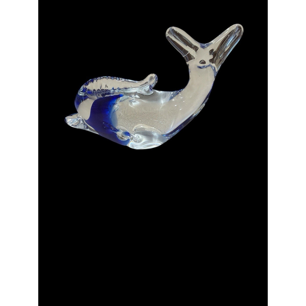 Vintage Clear & Cobalt Glass Dolphin Paperweight Art Glass 5” Japan Style