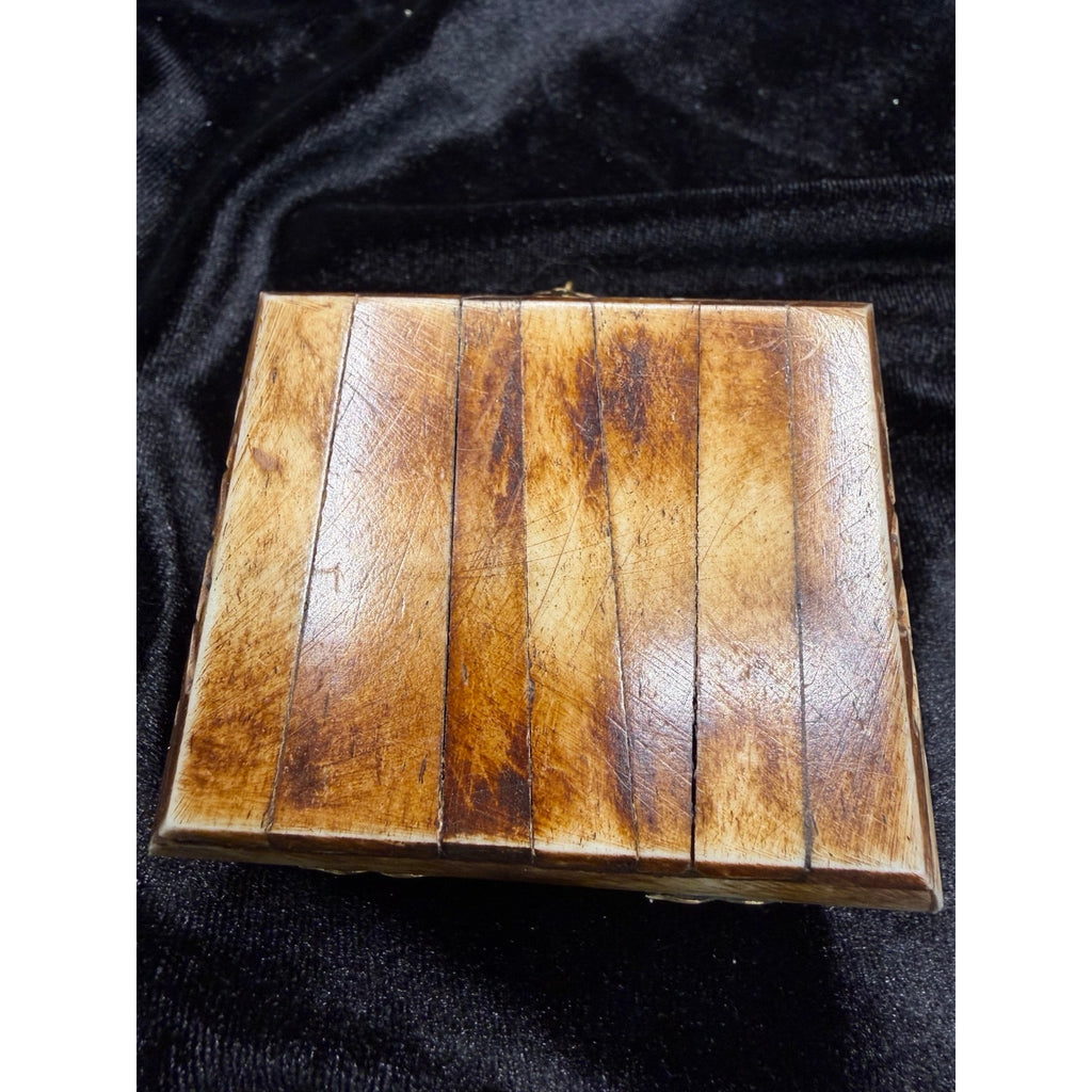 Vintage Carved Bone Brass Trinket Box Purple Velvet Lined Jewelry Box