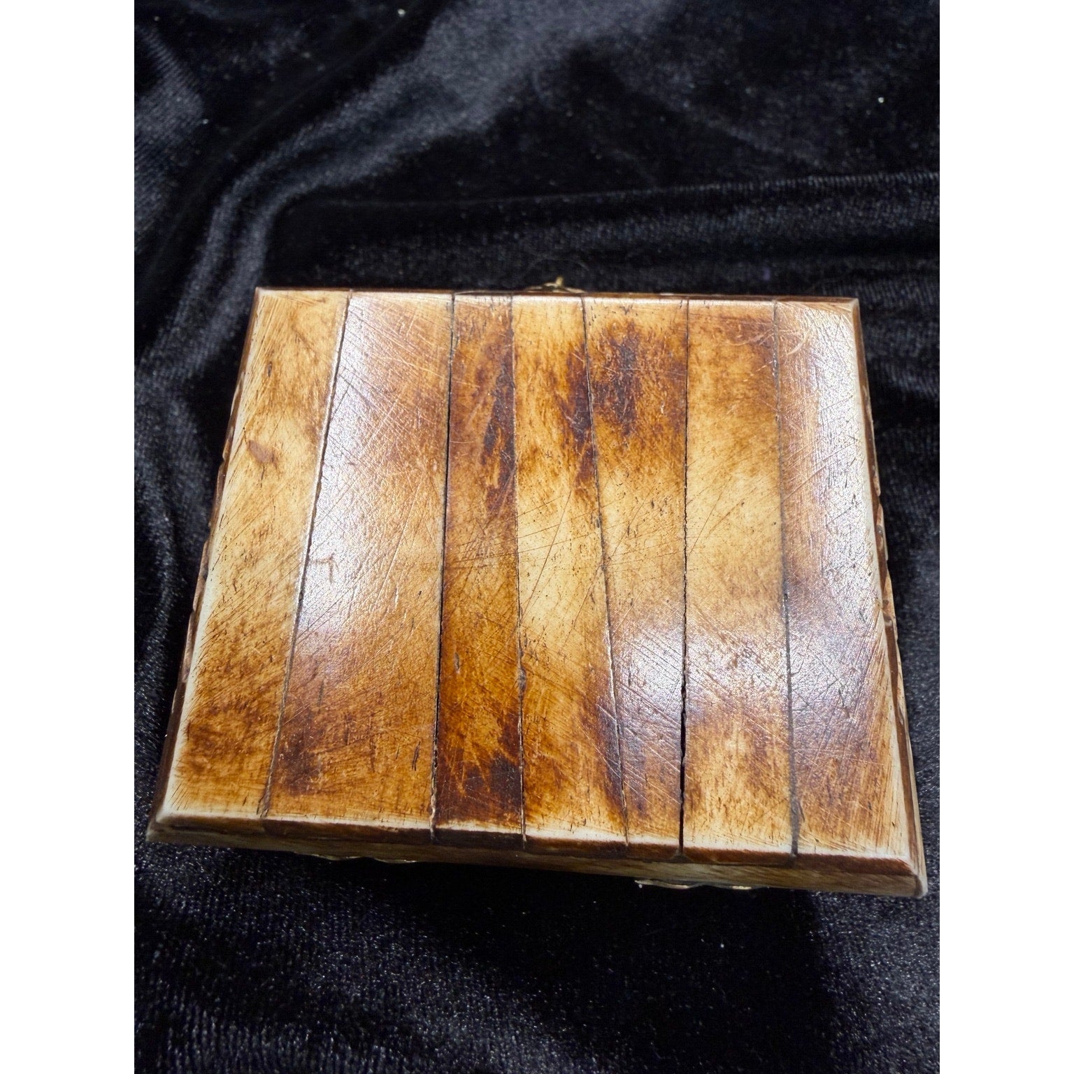 Vintage Carved Bone Brass Trinket Box Purple Velvet Lined Jewelry Box