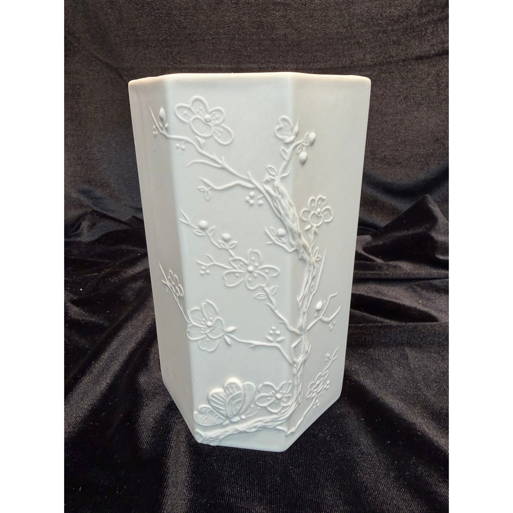 Vintage Matte Bisque Porcelain Butterfly & Cherry Blossom Hexagon Vase 7"