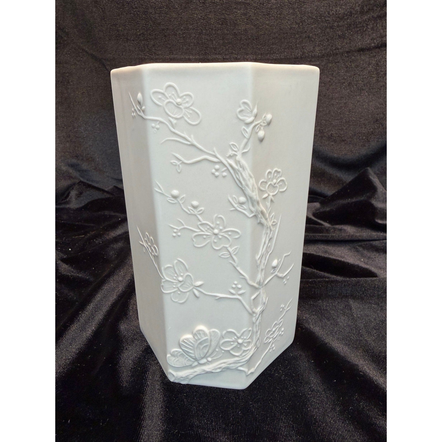 Vintage Matte Bisque Porcelain Butterfly & Cherry Blossom Hexagon Vase 7"