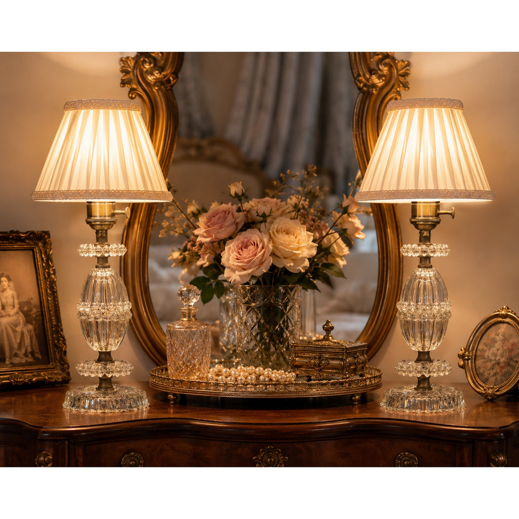Pair Vintage Pressed Glass Boudoir Lamps Professionally Rewired 1940s