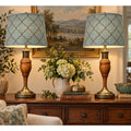 Vintage Turned Wood Table Lamps Brass Filigree Aqua Shades Pair