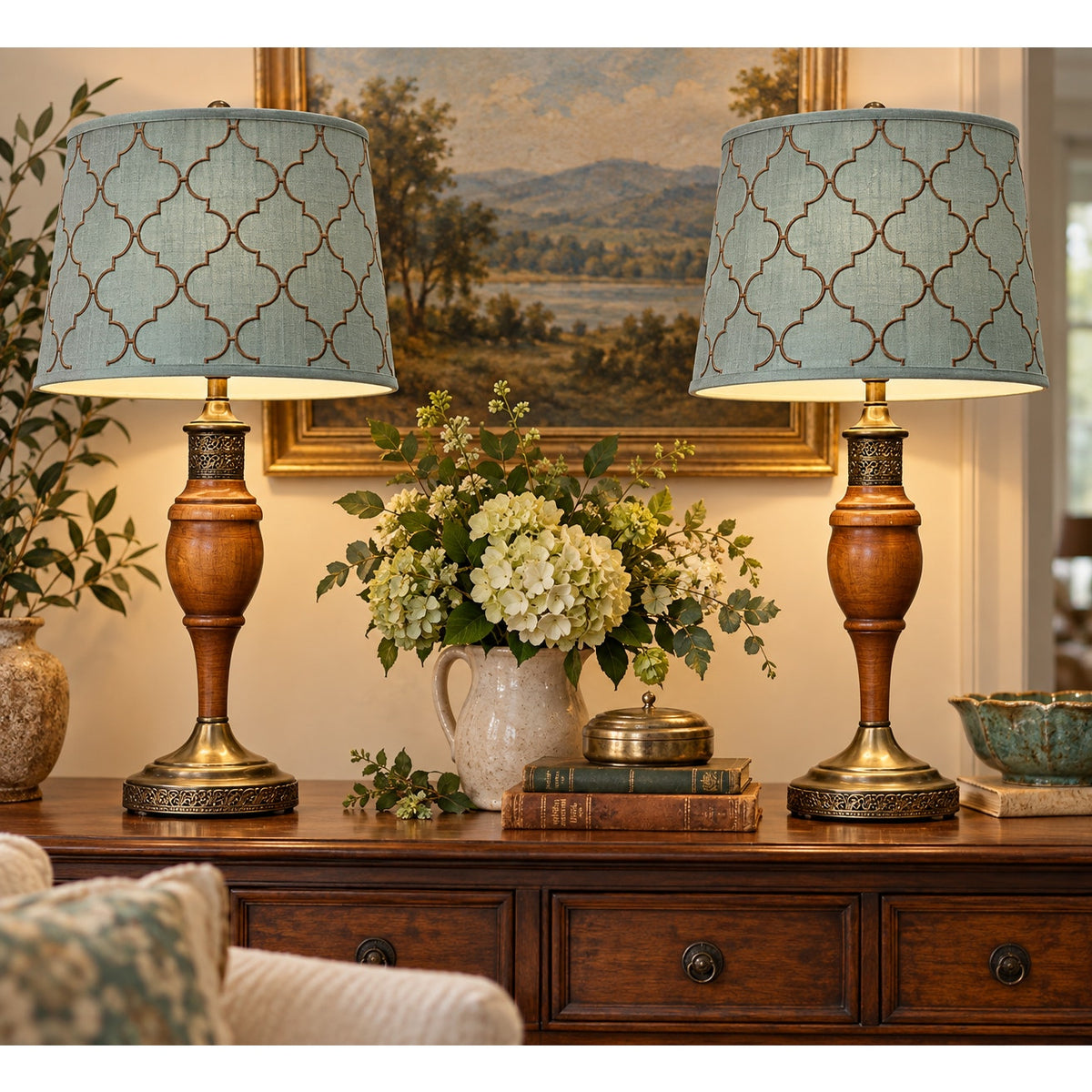 Vintage Turned Wood Table Lamps Brass Filigree Aqua Shades Pair
