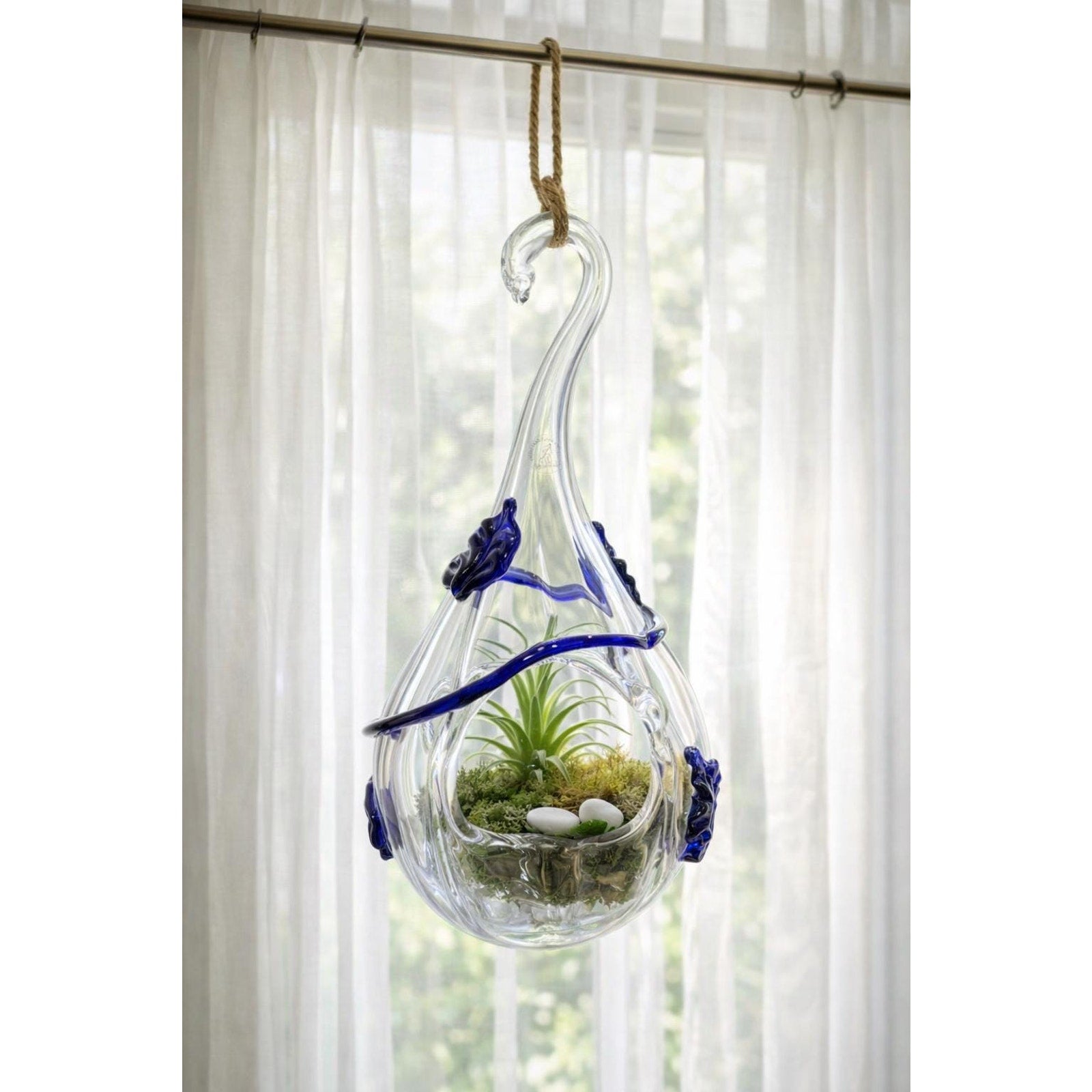 Hand Blown Glass Hanging Terrarium Blue Art Glass Planter Lantern 18”