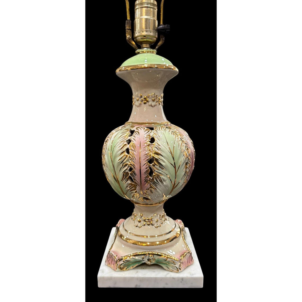 Vintage Porcelain Boudoir Lamp | Pink, Mint Green, Gold Gilt, Marble Base