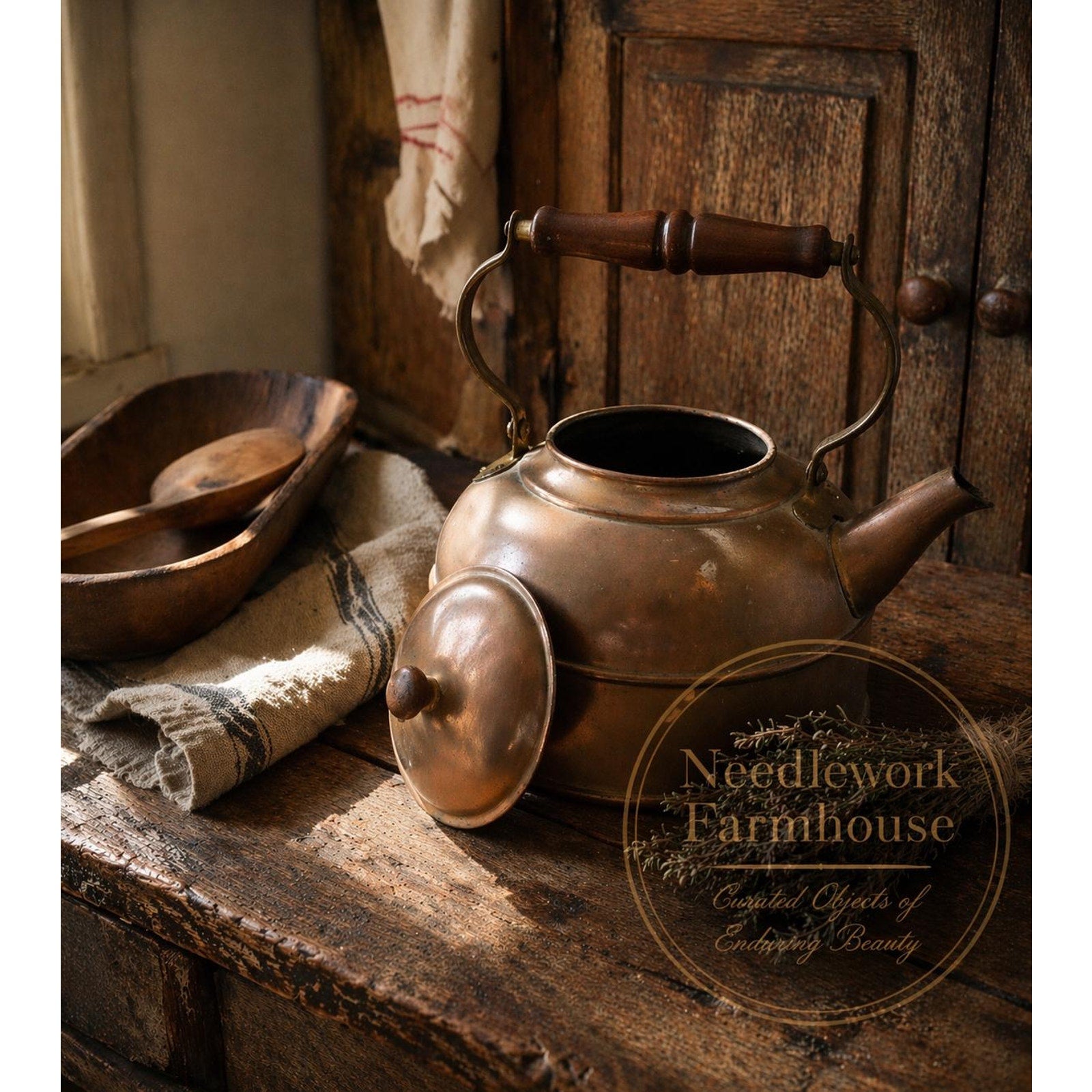 Antique Copper Tea Kettle Primitive Farmhouse Decor Wood Handle 1930s