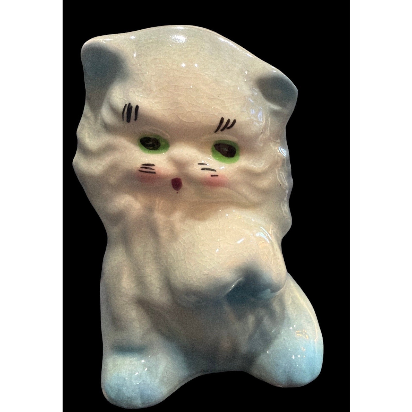 Vintage Ceramic Kitten Planter, Mid Century Blue Cat Planter