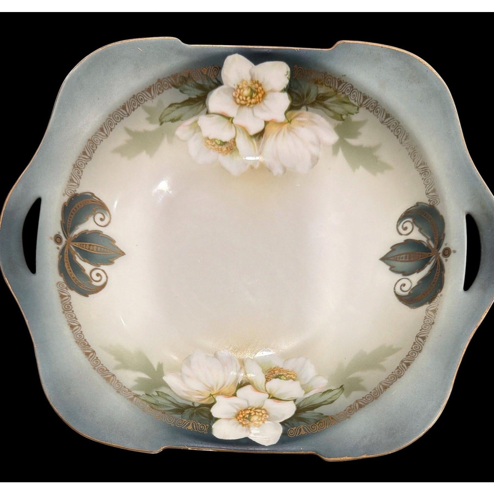 Antique RS Germany Porcelain Bowl Blue Gold Floral Handled Edwardian
