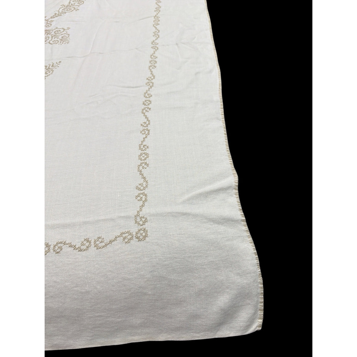 Vintage Hand Embroidered Linen Tablecloth Cross Stitch 54 x 72 Neutral – additional view 6