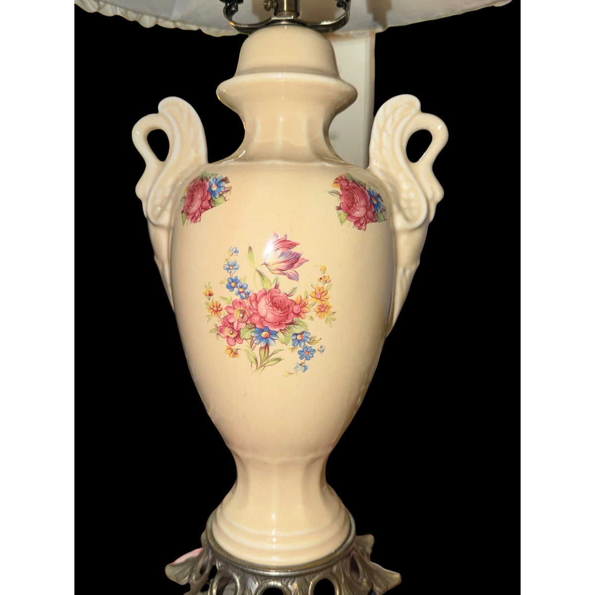 Vintage Floral Swan Handle Boudoir Lamp Cream Ceramic Urn Ruffled Shade